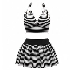 Set 2 Piece Stripe Bubble Skirt Halter Top Grey Black Size L Fashion Nova